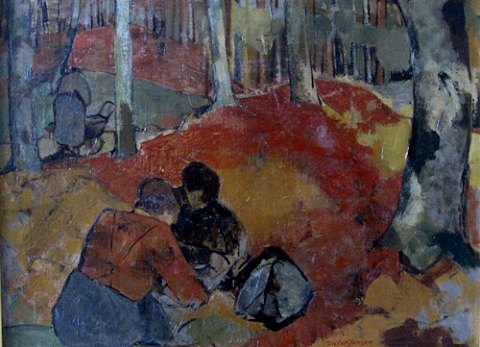 "Personer i skov" Maleri, olie på lærred, malet i ekspressive farver, man tænker straks på Paul Gauguin. Kunstneren omsatte bla. sine indtryk fra de store europæiske byer til det vejlensiske gadebillede. Han var bla. museumsleder i Vejle.