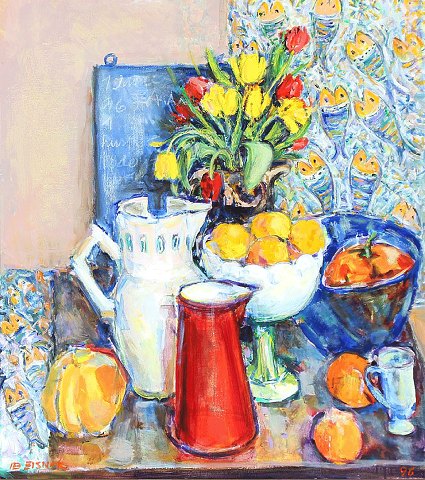 "still life with flowers and jugs" nice bright oil painting.