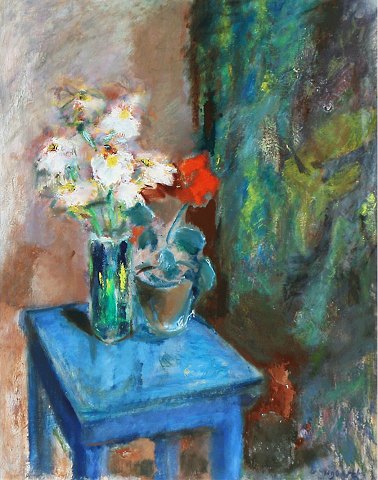 "Opstilling med blomster på blå taburet" Olie maleri på lærred.