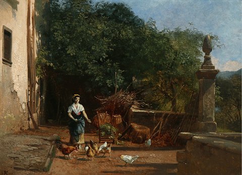 "Italienerinde fodrer høns" Olie maleri på lærred.