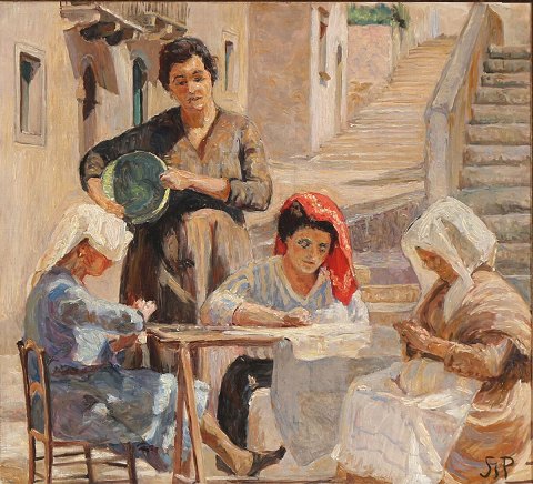 "Kvinder ved Taormina" Olie maleri på lærred.