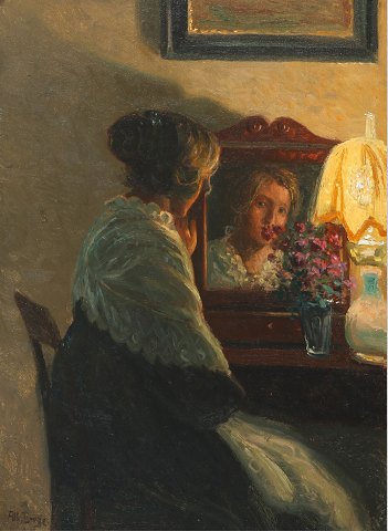 "Interiør med kvinde foran spejl" Olie maleri på lærred.
