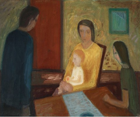 "Interiør med kvinder og barn" Olie maleri på lærred. Et tidligt billede med nogle krakkeleringer.