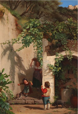 "Italiensk scene med moder og 2 børn" Olie maleri på lærred.