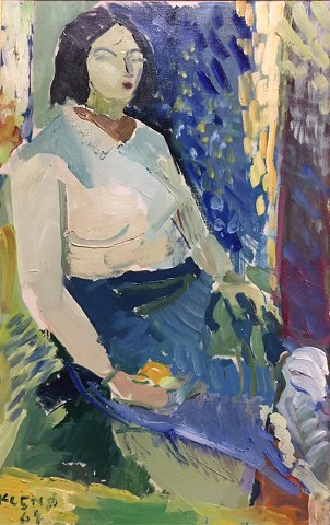 "Interiør med kvinde" Olie maleri på lærred.