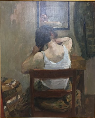 "Interiør med kunstnerens hustru" Olie maleri på lærred, monteret på plade.