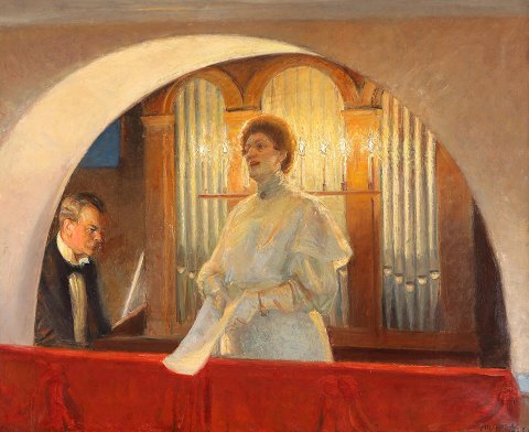 "Henny Brodersen sings in Skagen church" Michael Ancher has made this motif in 
several versions, in addition P.S.Krøyer has executed this motif.