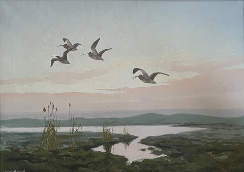 2 stk. olie malerier af Leif Ragn-Jensen "Moselandskab med Ryper" Olie på 
lærred. Begge i pæn guldramme. pris pr. stk.