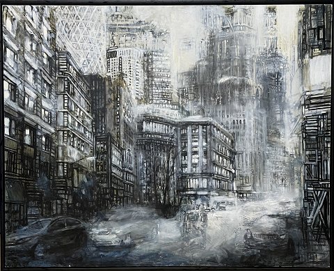 "Translate" Stort flot oliemaleri i sort svæveramme.