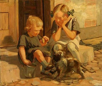 Børn leger med hund.