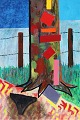 "Træstub ved hegn" Olie maleri på lærred. I tynd svæve ramme.