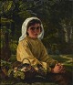 "Pige med frugtkurv i skoven" Olie maleri på lærred.